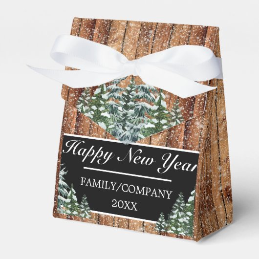 Snowy Forest Rural Happy New Year Logo Snowflake Geschenkschachtel (Vorderseite)