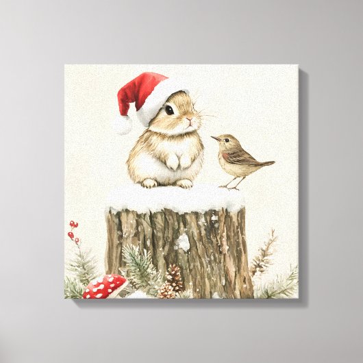 Snowy Forest Winter Woodland Christmas Bunny Bird Leinwanddruck (Vorderseite)
