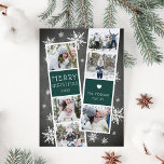 Snowy Fotobooth Holiday Foto Collage Card Feiertagskarte<br><div class="desc">Die niedliche Urlaubskarte verfügt über zwei Foto-Messestände, jeweils mit drei Fotos und einer reichen Jäger-grünen Textanzeige, für insgesamt sechs Fotos. Personalisieren Sie das Jahr mit Ihrem Familiennamen oder Ihren Namen in der festlichen weißen Schrift, auf einem rustikalen Chalkboard Hintergrund gepunktet mit handgezeichneten weißen Schneeflocken. Karten kehren auf einem dunkelgrünen Hintergrund...</div>