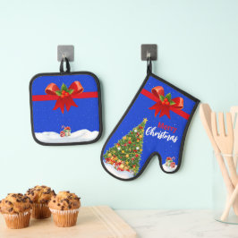 Snowy Frory Christmas Tree mit Red Bow Ofenhandschuh & Topflappen-Set