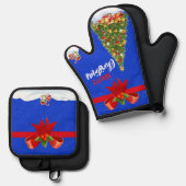 Snowy Frory Christmas Tree mit Red Bow Ofenhandschuh & Topflappen-Set (Vorderseite/Rückseite)