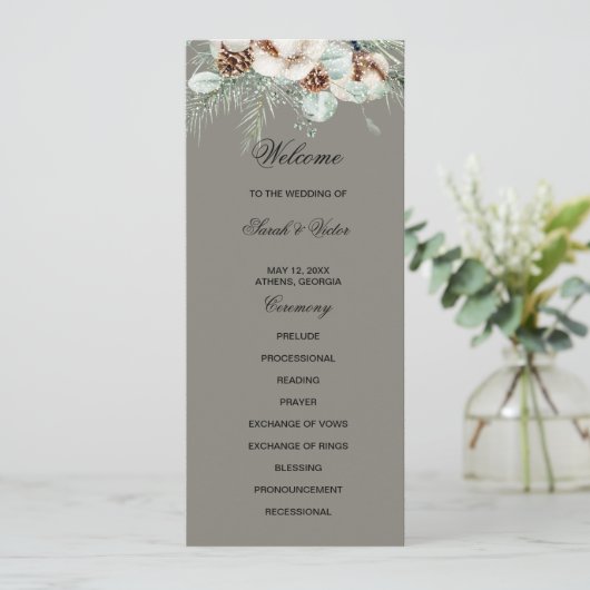 Snowy Greenery floral double side program card Programm (Stehend Vorderseite)