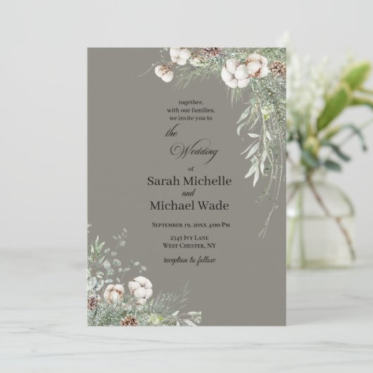 Snowy Greenery Wedding Invitation Einladung (Stehend Vorderseite)