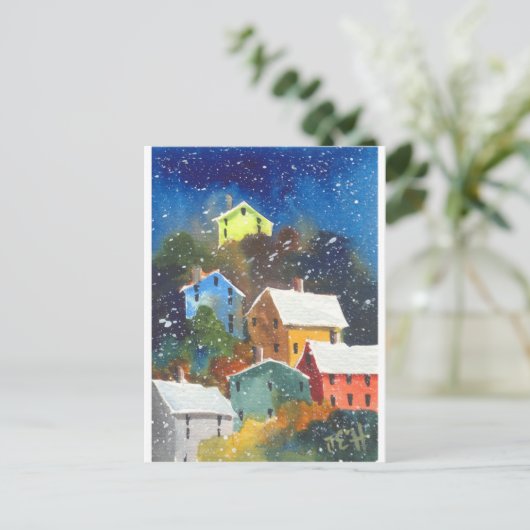 Snowy Hillside Houses Postkarte (Stehend Vorderseite)