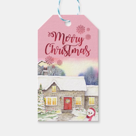 Snowy Hütte Aquarellmalerei Geschenkanhänger (Vorderseite)