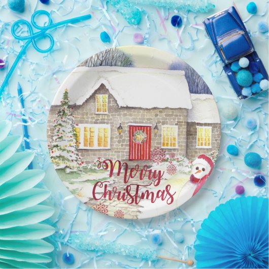 Snowy Hütte Aquarellmalerei Pappteller (Party)