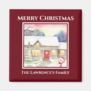 Snowy Hütte Aquarellmalerei Quadrat Roter Rahmen Magnet