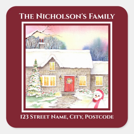 Snowy Hütte Aquarellmalerei Quadrat Roter Rahmen Quadratischer Aufkleber (Vorderseite)