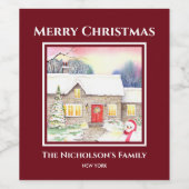 Snowy Hütte Aquarellmalerei Quadrat Roter Rahmen Weinetikett (Einzelnes Label)