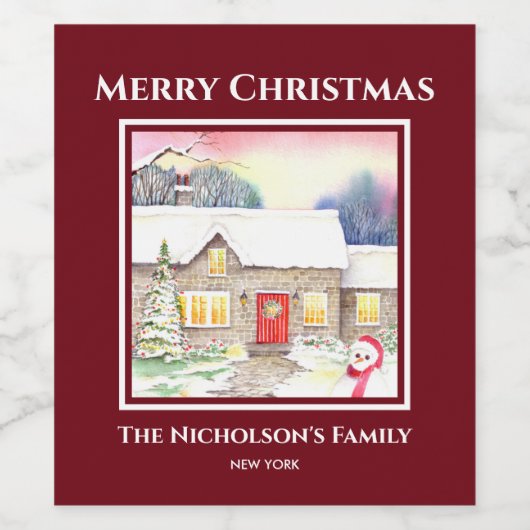 Snowy Hütte Aquarellmalerei Quadrat Roter Rahmen Weinetikett (Einzelnes Label)