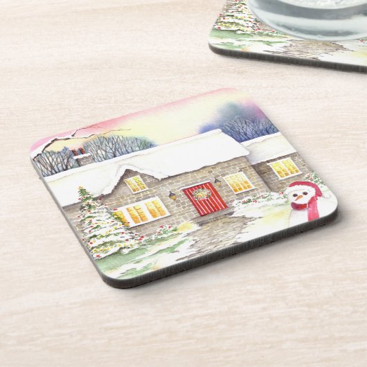 Snowy Hütte Aquarellmalerei Untersetzer (Linke Seite)