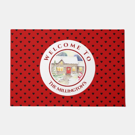 Snowy Hütte Christmas Red Blue Heart Pattern Fußmatte (Vorderseite)