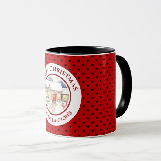 Snowy Hütte Christmas Red Blue Heart Pattern Tasse (VorderseiteRechts)