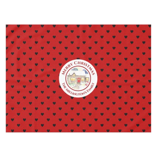 Snowy Hütte Christmas Red Blue Heart Pattern Tischdecke (Vorderseite (Horizontal))