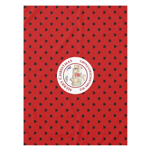 Snowy Hütte Christmas Red Blue Heart Pattern Tischdecke (Vorderseite)