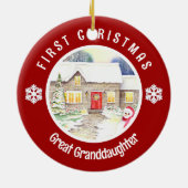 Snowy Hütte First Christmas Red Circle Keramik Ornament (Hinten)