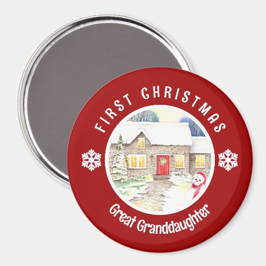 Snowy Hütte First Christmas Red Circle Magnet (Vorderseite/Rückseite)