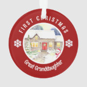 Snowy Hütte First Christmas Red Circle Ornament (Rückseite)