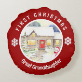 Snowy Hütte First Christmas Red Circle Rundes Kissen (Rückseite)