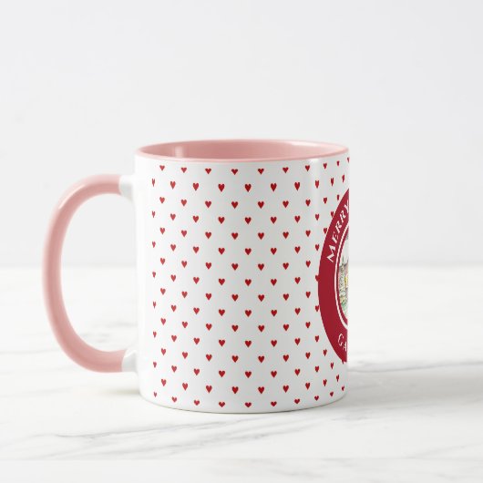 Snowy Hütte Frohe Weihnachten Red Heart Pattern Tasse (Links)