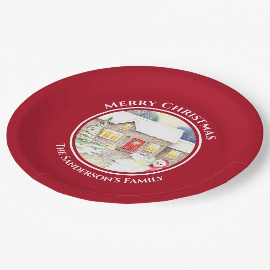 Snowy Hütte Snowman Watercolor Roter Kreis Pappteller (Schrägansicht)