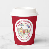 Snowy Hütte Snowman Watercolor Weißer Kreis Pappbecher (Vorderseite)