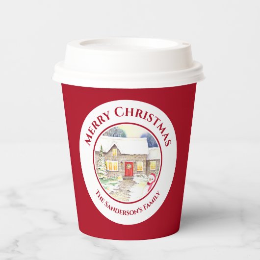 Snowy Hütte Snowman Watercolor Weißer Kreis Pappbecher (Vorderseite)