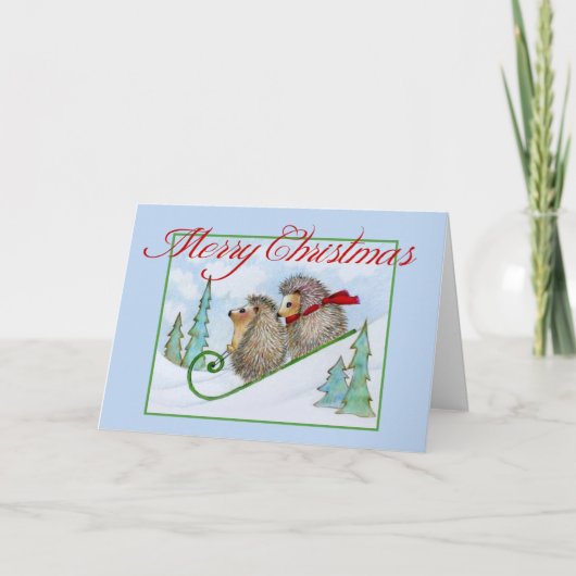 Snowy Igel Sled Christmas Card Feiertagskarte (Vorderseite)