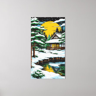 Snowy Japanese Cottage By Moonlit Sunset Leinwanddruck