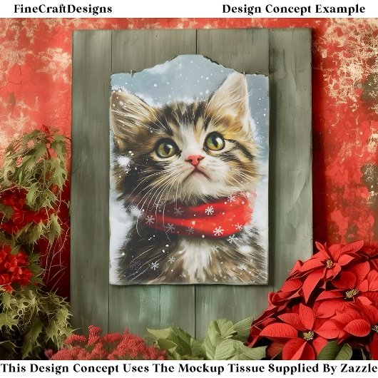 Snowy Kitten, Red Christmas Scarf EG2R Decoupage Seidenpapier
