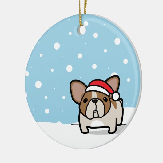 Snowy-Kitz geschecktes Frenchie Keramik Ornament (Links)