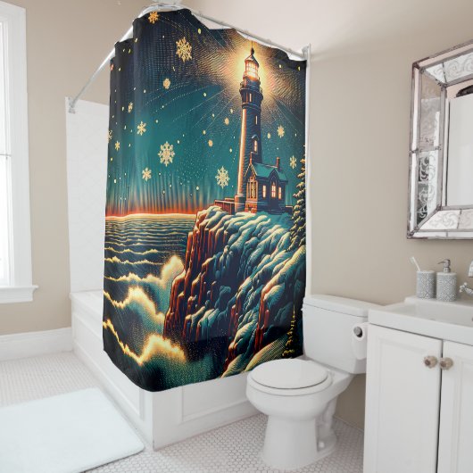 "Snowy Lighthouse on Cliff" Duschvorhang (Beispiel)