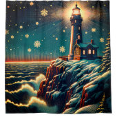 "Snowy Lighthouse on Cliff" Duschvorhang (Vorderseite)
