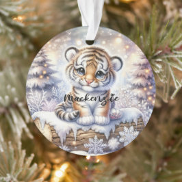 Snowy Log Tiger Ornament