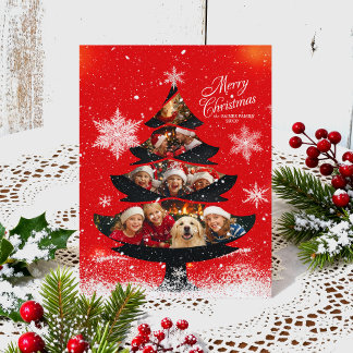 Snowy Merry Christmas Family Photo Tree Feiertagspostkarte