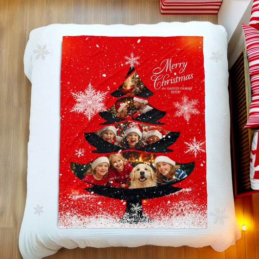 Snowy Merry Christmas Family Photo Tree Fleecedecke