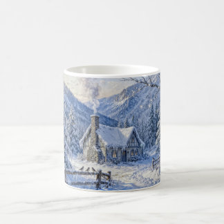 Snowy Mountain Cottage with Smoke and Pines Painti Kaffeetasse