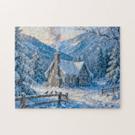 Snowy Mountain Cottage with Smoke and Pines Painti Puzzle