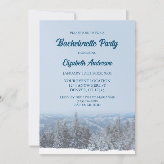 Snowy Mountain Forest Junggeselinnen-Abschied Einladung (Vorderseite)