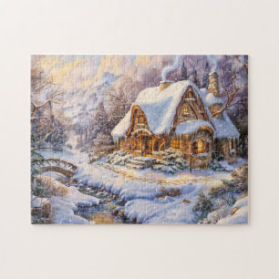 Snowy Mountain Hütte by Stream Puzzle
