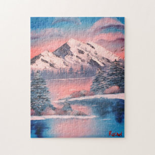 Snowy Mountain Lake At Sunset Painting Puzzle