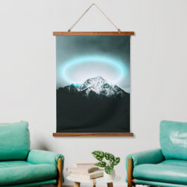 Snowy mountain mysterious blue neon light wandteppich mit holzrahmen