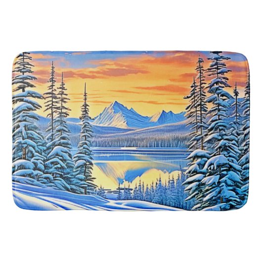 Snowy Mountain Sunset Glow Badematte (Vorderseite)