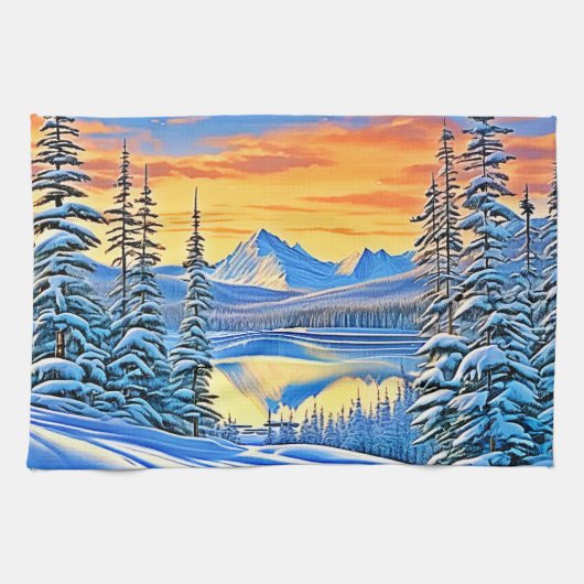 Snowy Mountain Sunset Glow Geschirrtuch (Horizontal)