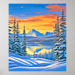 Snowy Mountain Sunset Glow Poster