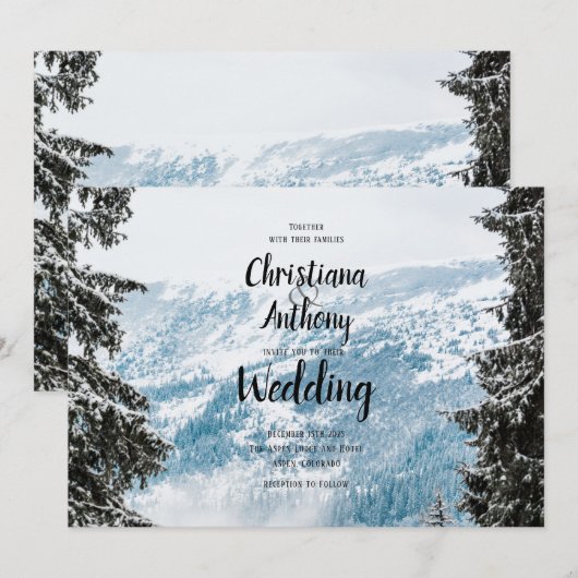 Snowy Mountain Wedding Einladung (Vorne/Hinten)
