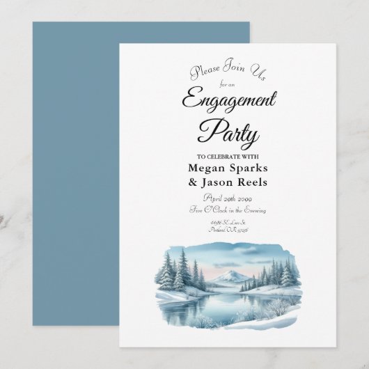 Snowy Mountain Winter Lake Engagement Party Einladung (Vorne/Hinten)