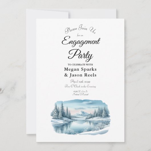 Snowy Mountain Winter Lake Engagement Party Einladung (Vorderseite)