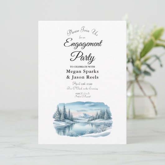 Snowy Mountain Winter Lake Engagement Party Einladung (Stehend Vorderseite)
