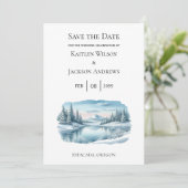 Snowy Mountain Winter Lake Save the Date (Stehend Vorderseite)